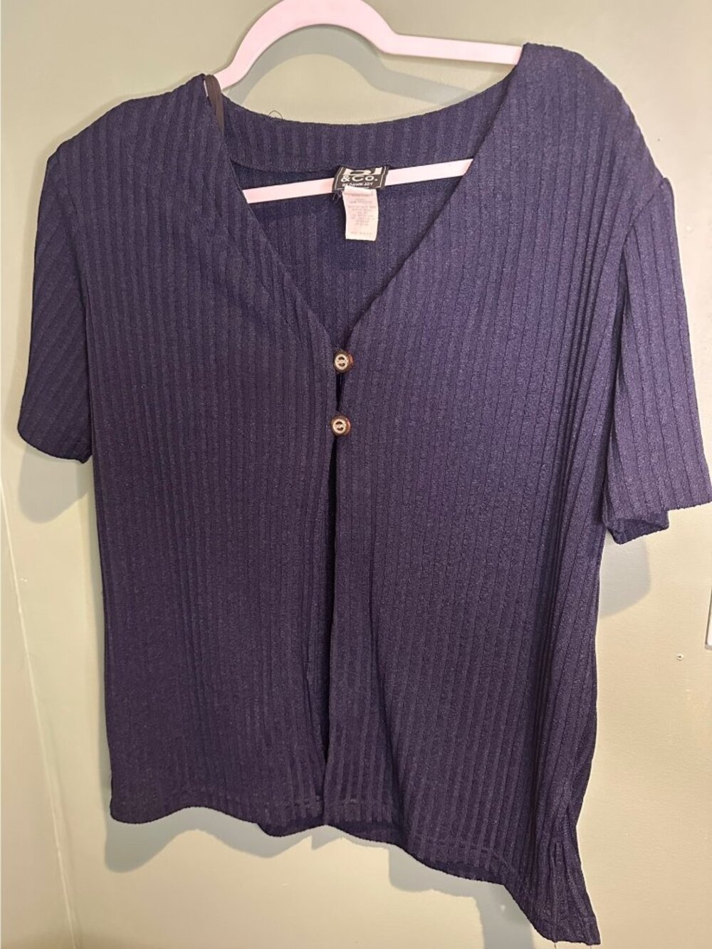 DJ & Co Women’s Size 12 Navy Textured Blouse Short Sleeve Button Front Casual